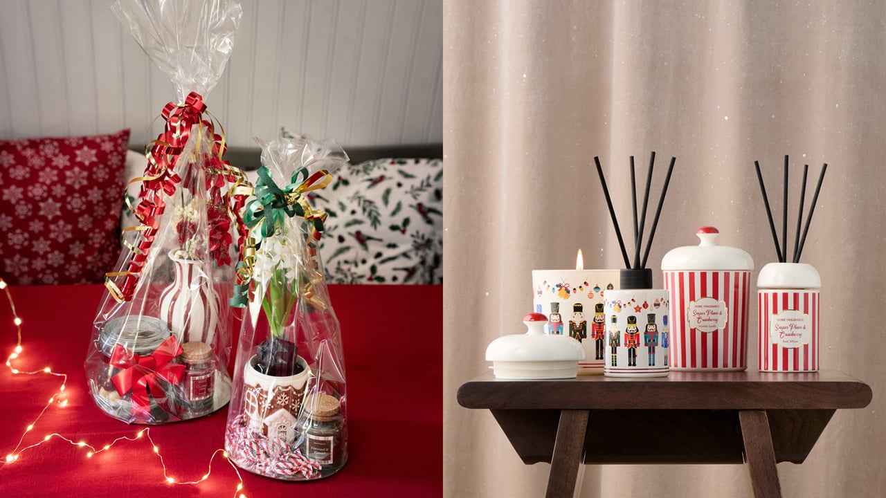 Weihnachtlich verpackte Geschenke in Zellophan, Duftkerzen und Duftsticks mit rot-weißem Streifen und Nussknackermotiv.