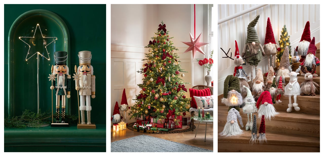 Weihnachtliche Dekorationen mit Nussknacker, Weihnachtsbaum und Wichteln in gemütlicher Umgebung.