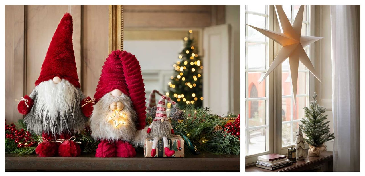 Tomtar på en hylla. En julgran syns i bakgrunden. Ett fönster med vit adventsstjärna och dekorationsgranar.