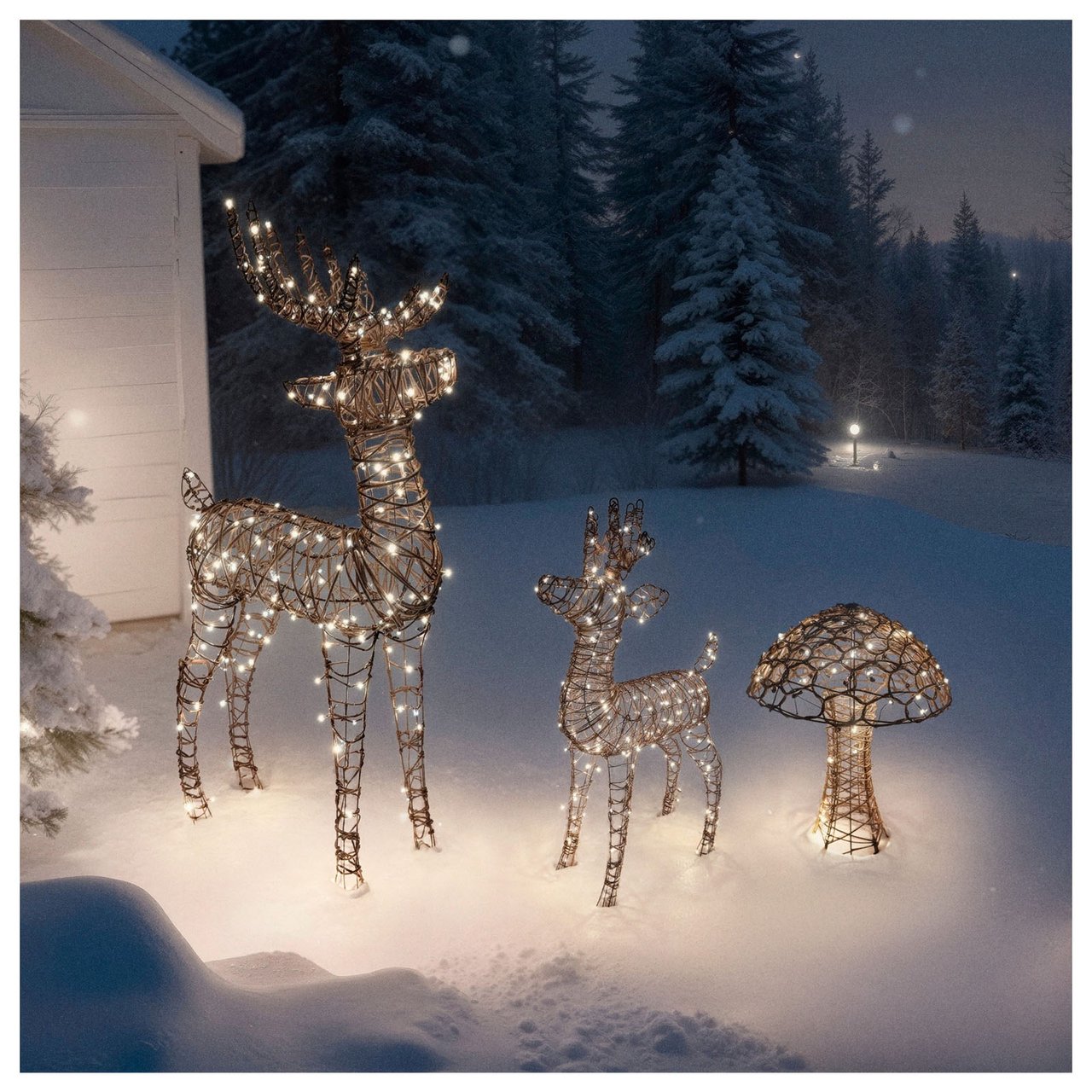 Utebelysning i form av renar och svampar i rotting placerade i snön.