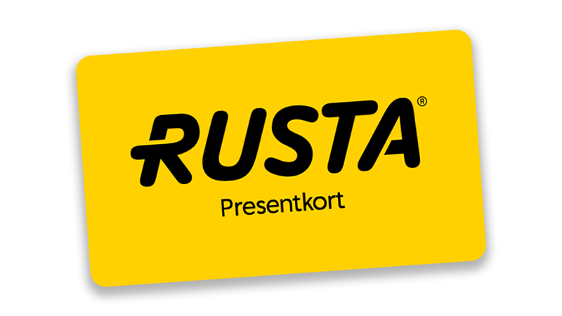 Ett gult presentkort med Rusta-logotypen i svart text.