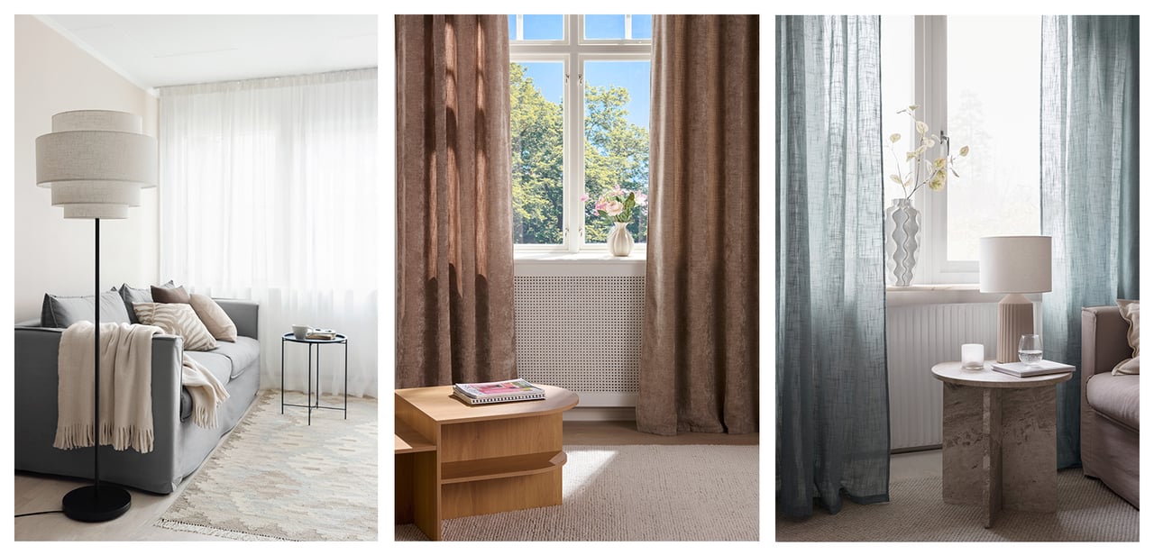 Tre ulike stuer med gardiner i hvitt, beige og grønt.