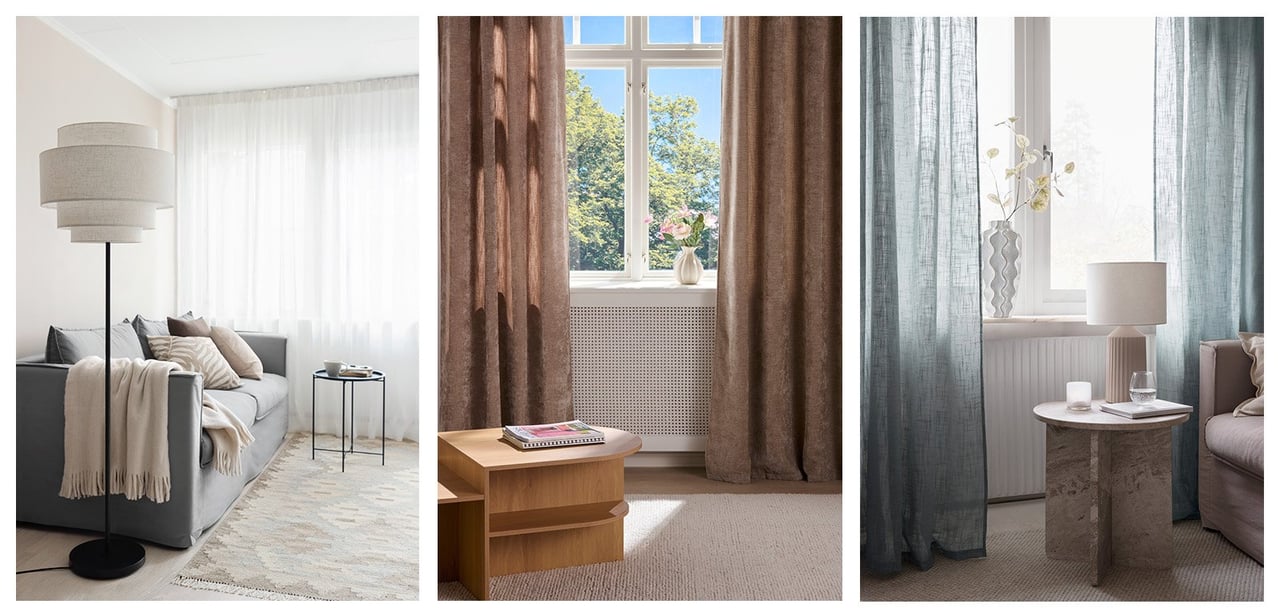 Tre ulike stuer med gardiner i hvitt, beige og grønt.
