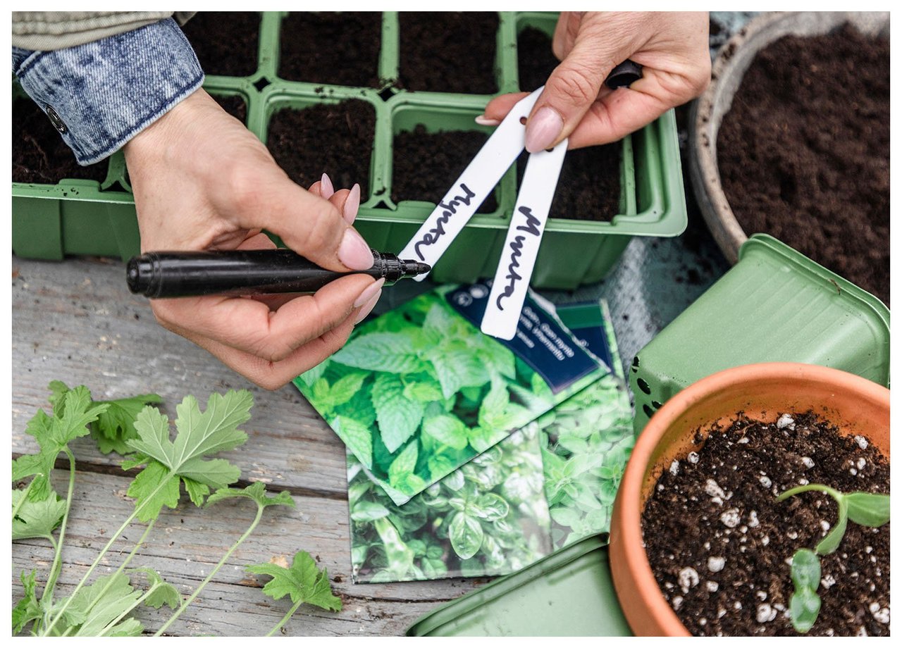 Plantenavn skrives på etiketter under planting.