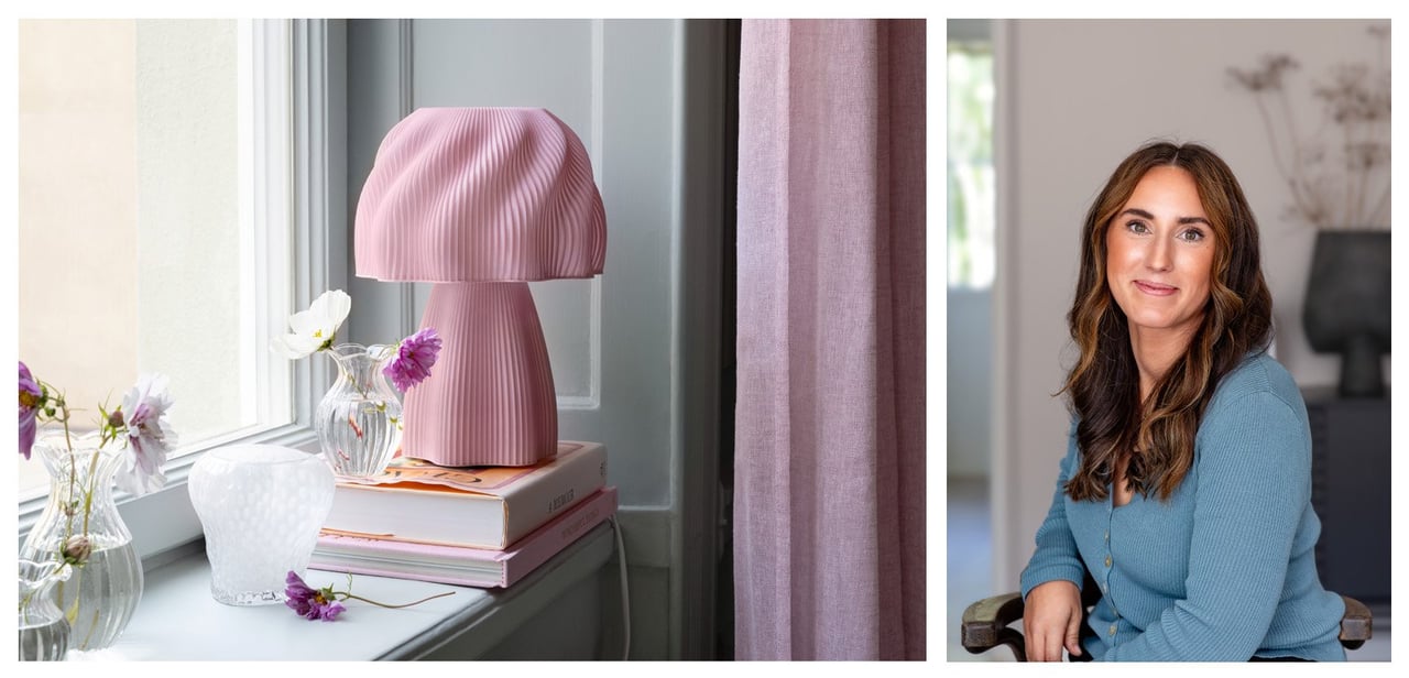 Bordlampe i vindu og portrett av Julia Ljungh.