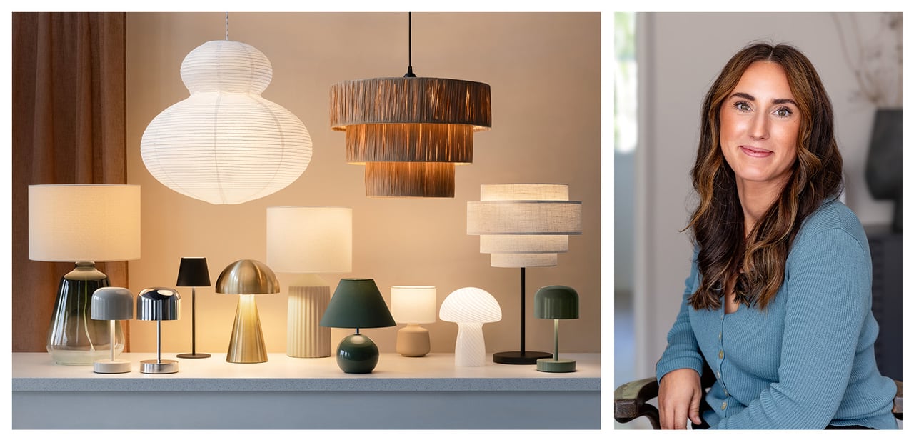 Mehrere Tisch- und Deckenlampen neben Julia Ljungh, Beleuchtungsexpertin bei Rusta.