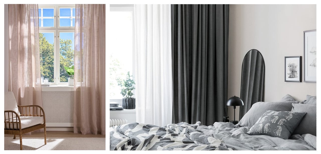 Fenster mit hellem Querbehang über einem Esstisch in einer ländlichen Umgebung und grüner Fensterlampe.