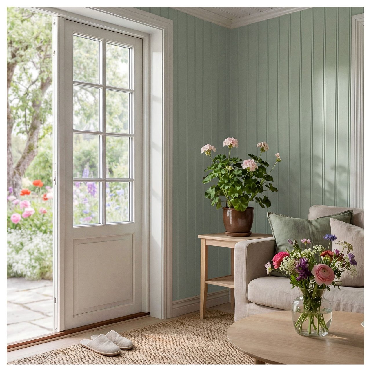 Vardagsrum med grönmålade väggar. Altandörren står öppen mot en blommande trädgård.