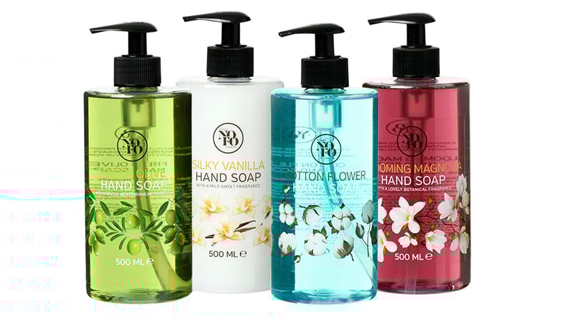 Fire stykker NoFo håndsåpe fra Rusta i ulike dufter.