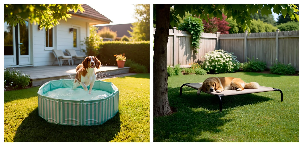 Ein Hund spielt in einem Planschbecken im Garten. Ein anderer Hund ruht sich auf einem erhöhten Bett im Schatten aus.