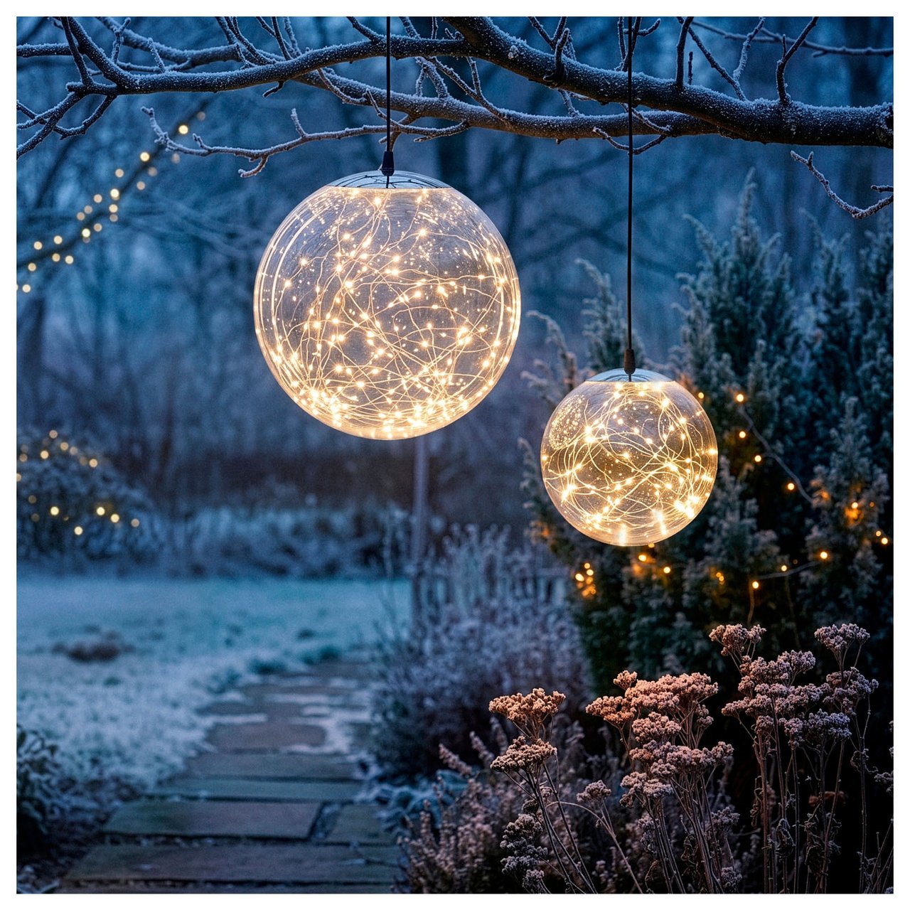 To lyskuler henger i et tre i en frostkledd hage.