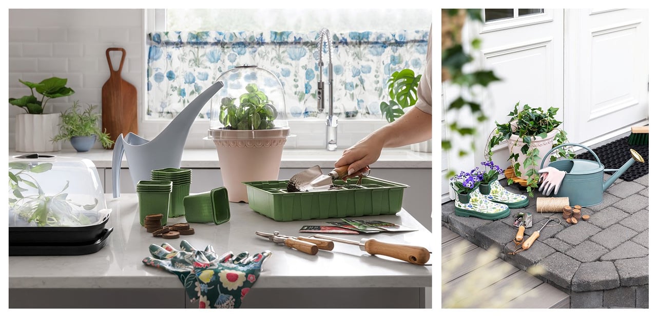 Vorbereitungen für die Pflanzenanzucht auf der Küchentheke mit Töpfen, Untersetzern, Samen und Gartenwerkzeugen.