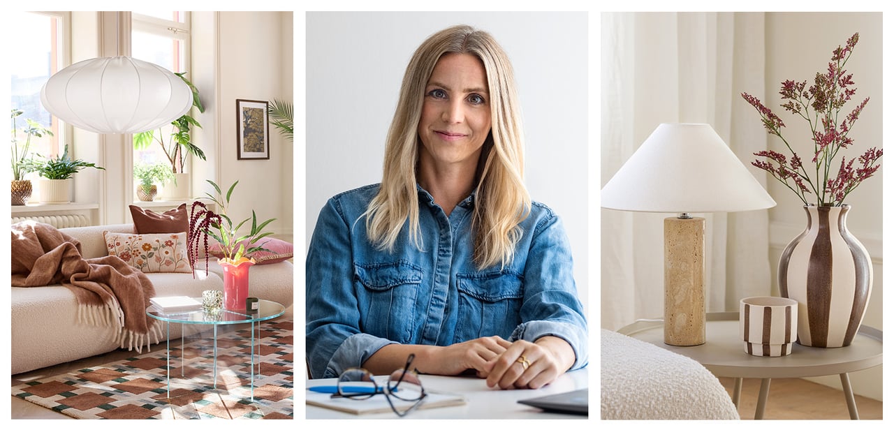 Olohuone, jossa on ruskeita tekstiilejä. Rustan sisustussuunnittelija Cecilia Lindqvist. Raidallinen maljakko ja ruukku pöydällä valaisimen vieressä.