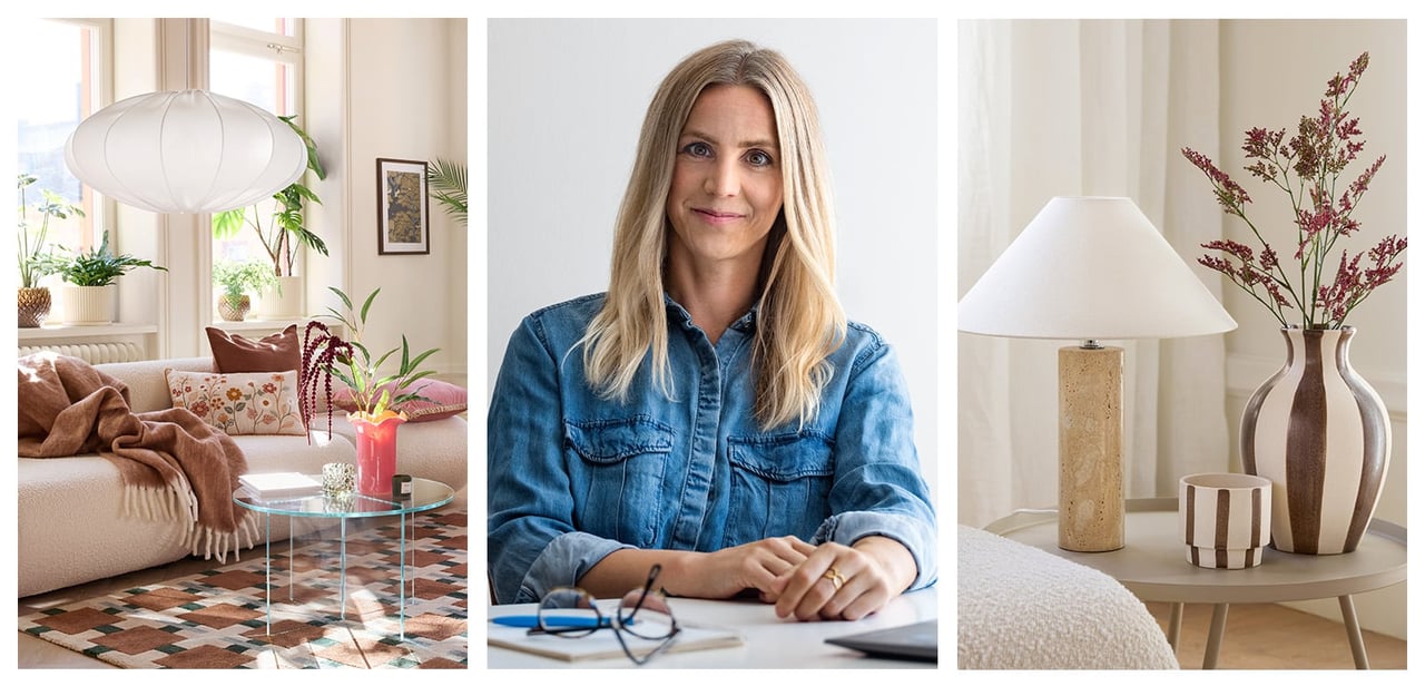 Olohuone, jossa on ruskeita tekstiilejä. Rustan sisustussuunnittelija Cecilia Lindqvist. Raidallinen maljakko ja ruukku pöydällä valaisimen vieressä.