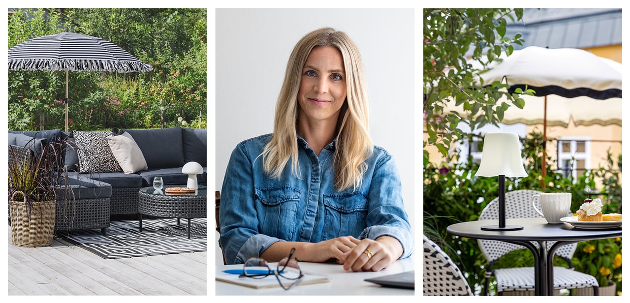 Utemiljø med svart loungegruppe. Rustas interiørdesigner Cecilia Lindqvist. Solcellelampe med hvit, bølgete skjerm og hvit parasoll med bølgete, svart kant.