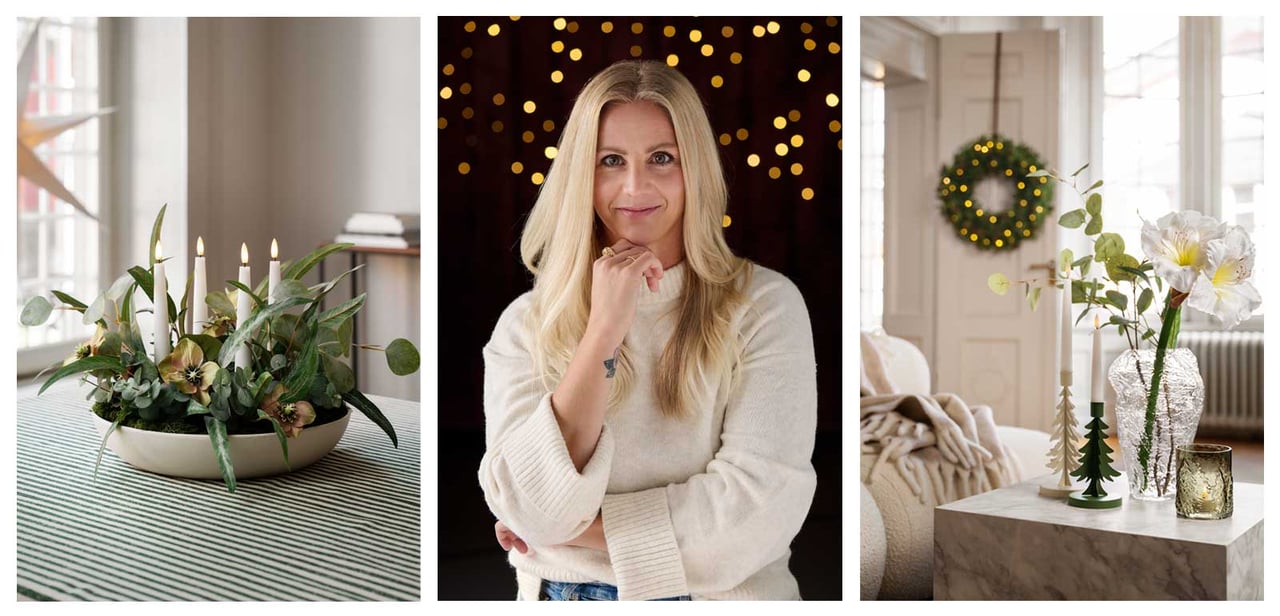 Kynttilänjalkoja ja kukkia beigen, vihreän ja valkoisen sävyissä. Rustan sisustussuunnittelija Cecilia Lindqvist.