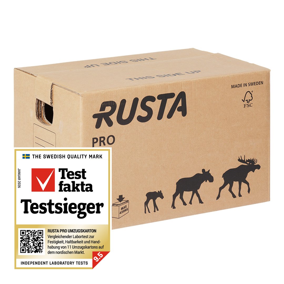 Rustas Umzugskarton PRO mit Testfakta-Logo.
