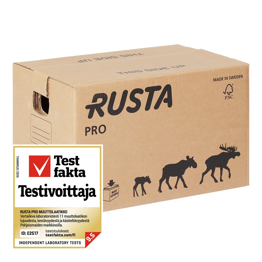 Rustan muuttolaatikko PRO, jossa on Testfakta-logo.