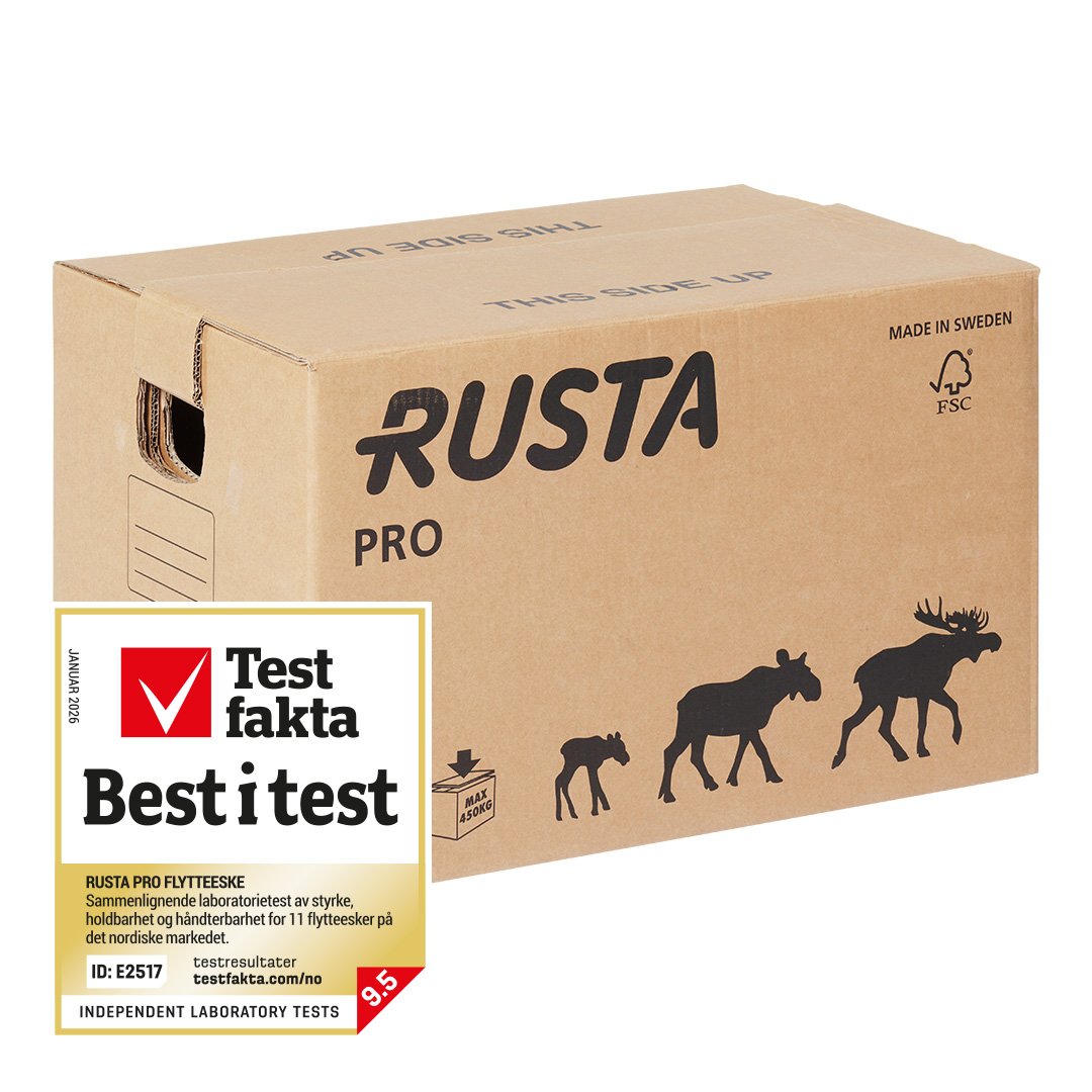 Rustas flytteeske PRO med Testfakta-logo.
