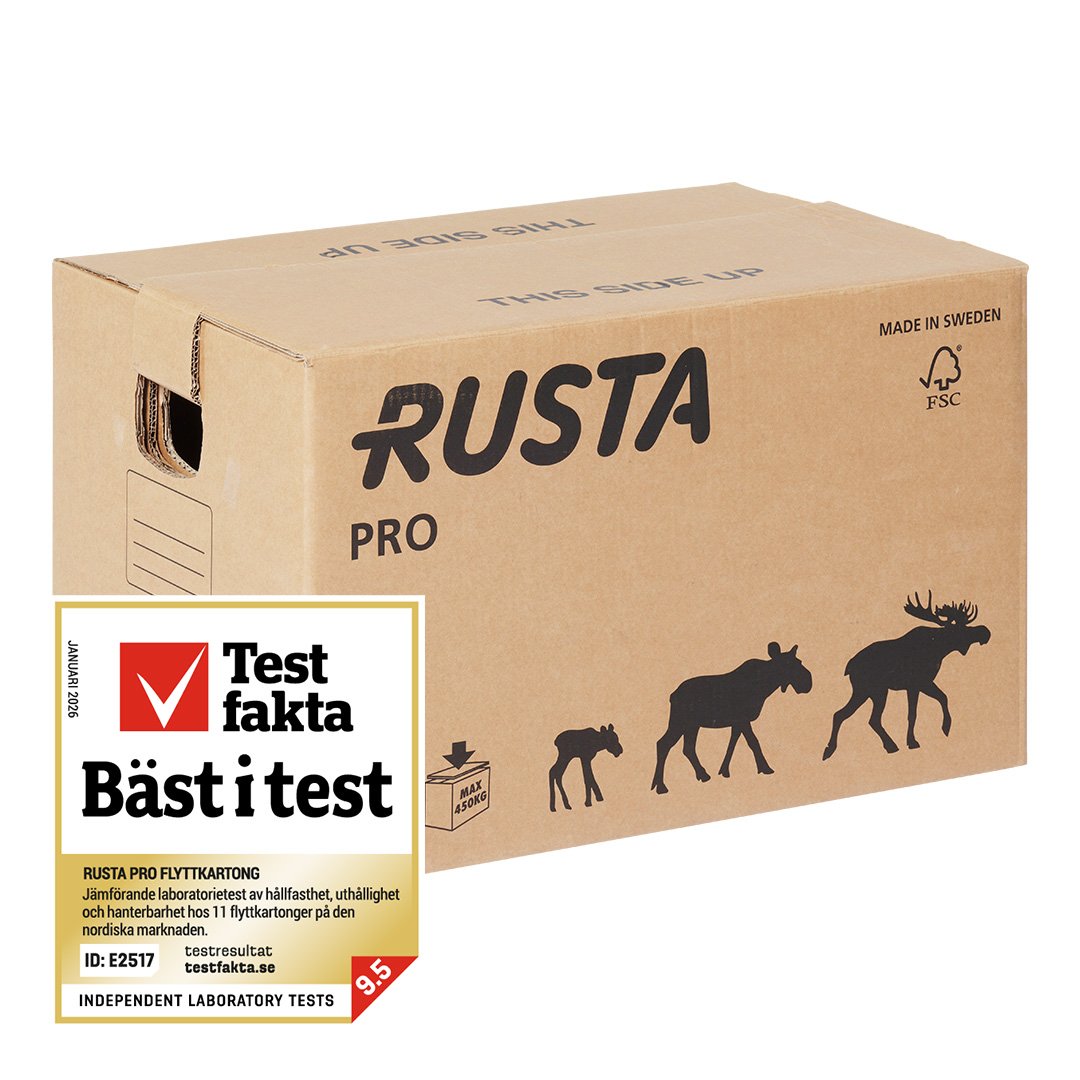Rustas flyttkartong PRO med "Bäst i test" Testfakta-logga.