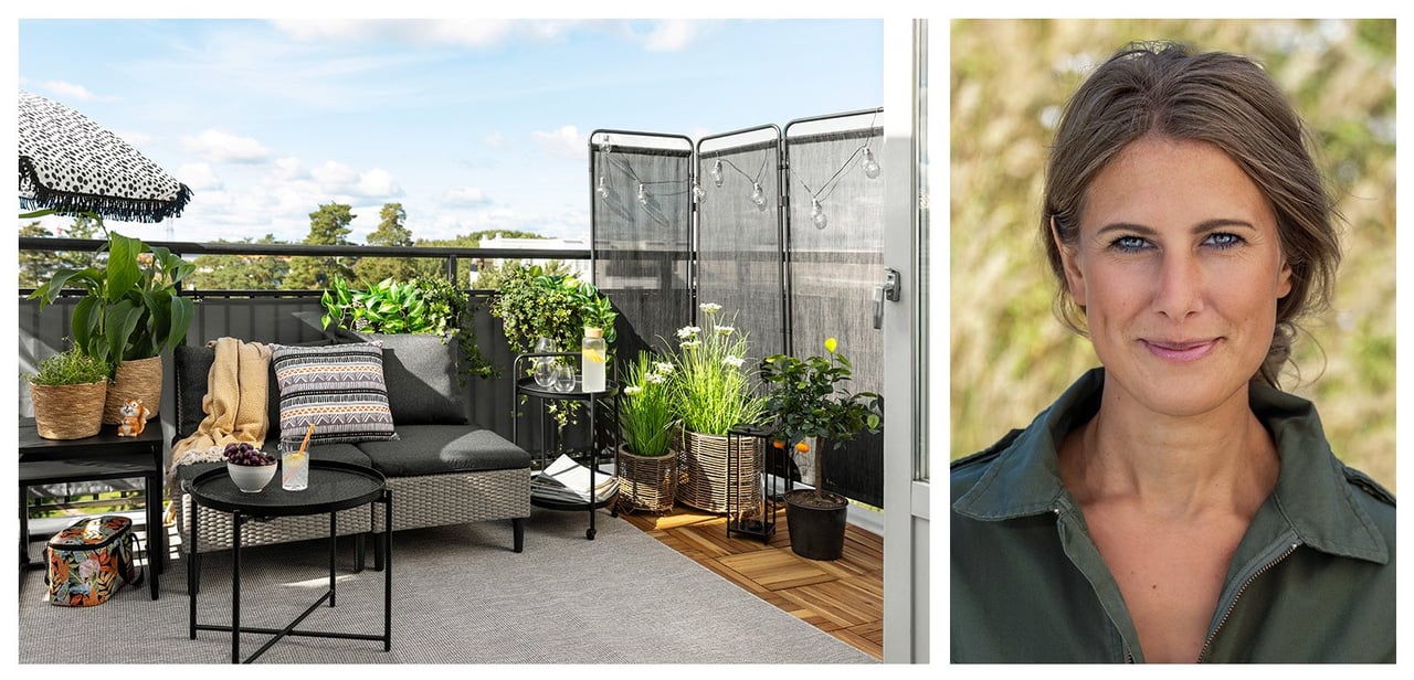 Portrett av interiørspesialist Andrea Jörbrink samt bilde av en del av en balkong innredet med loungemøbler, planter og innsynsskjerming.