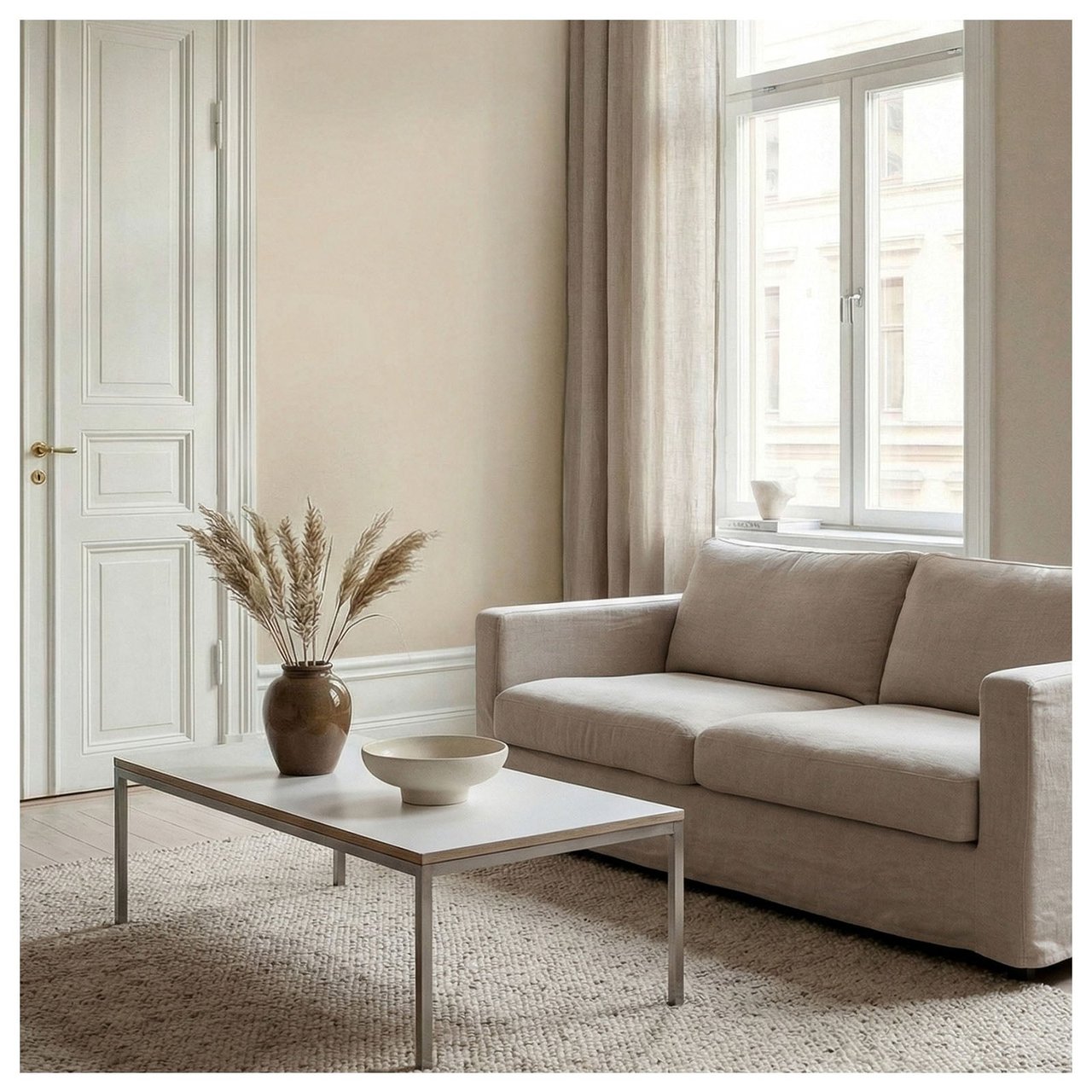 En stue med beige sofa og teppe. Veggene er malt i fargen Sand, en myk beige nyanse.