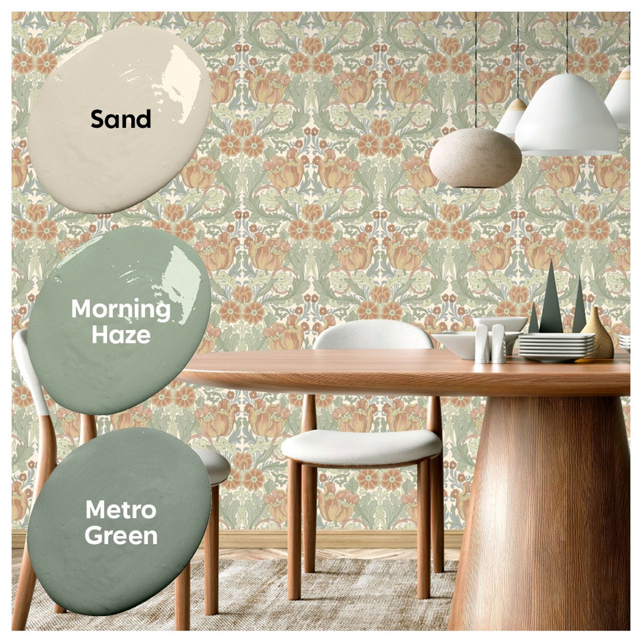 Gemusterte Tapeten, die Farbakzente in passenden Nuancen zeigen.