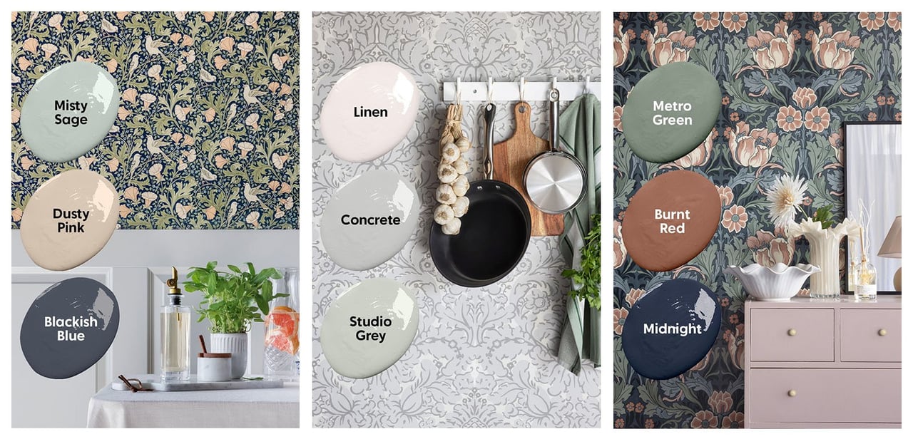 Kolme erilaista tapettia ja värinäytteet, jotka näyttävät, mitkä sävyt sopivat niiden pariksi.