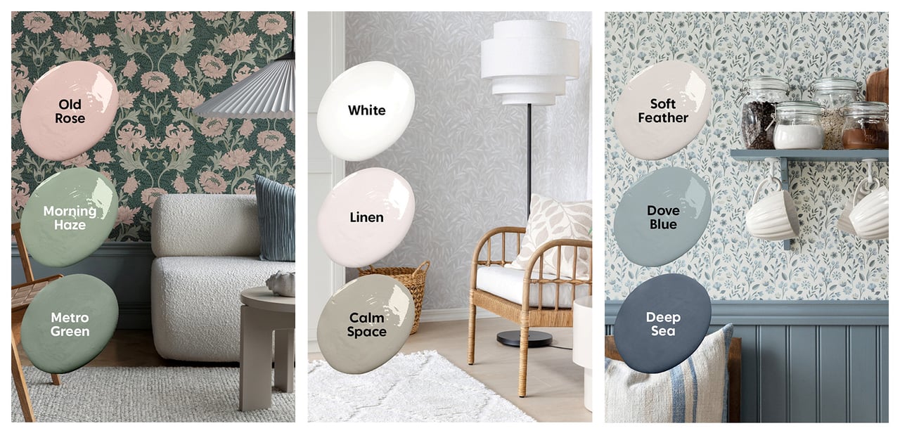 Drei Räume mit unterschiedlichen Tapeten und Farbakzenten, die passende Farbtöne zeigen.