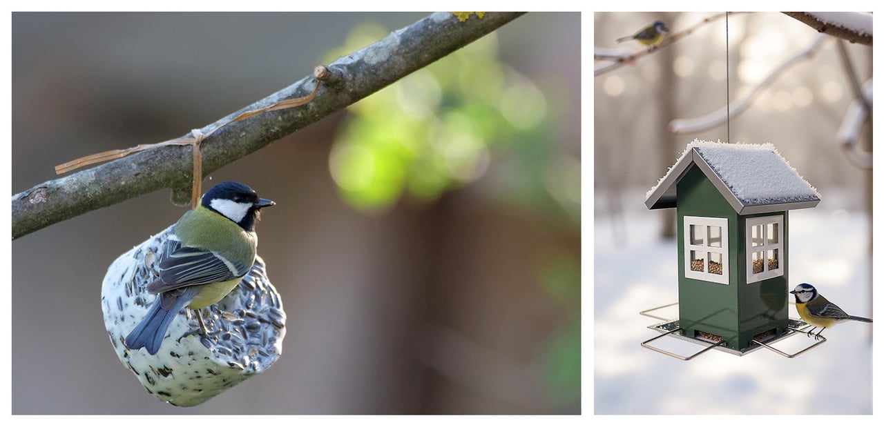 Kohlmeise auf Vogelfutter aus Samen und Kokosfett im Ast. Blaumeise am Futterspender mit Körnern.