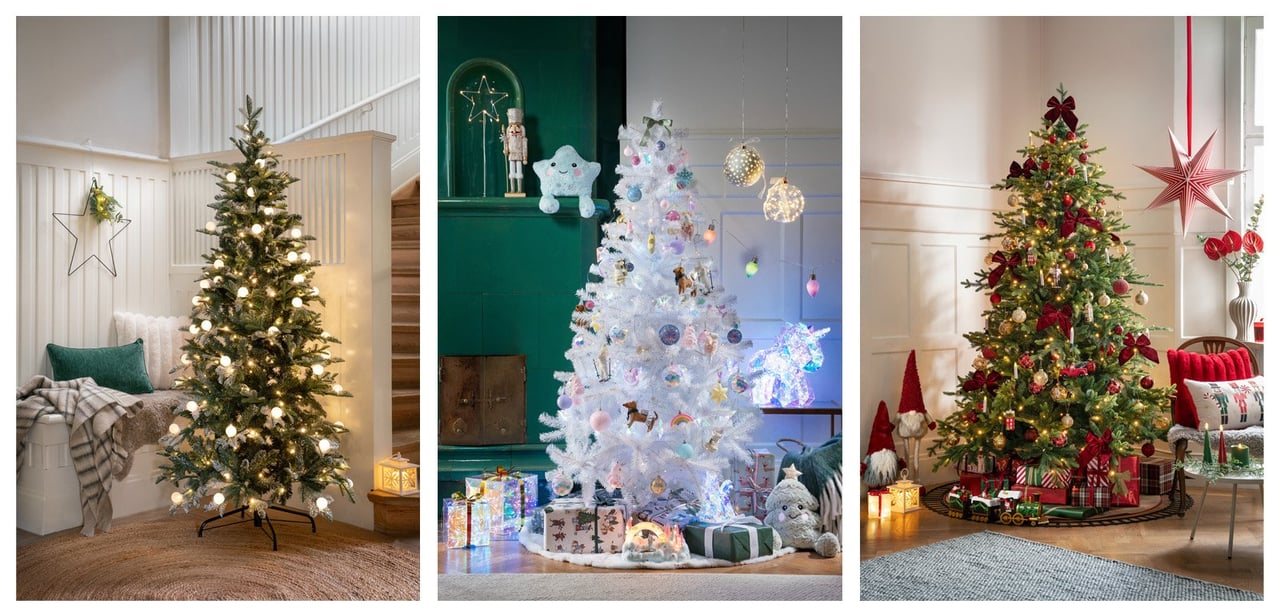 Drei künstliche Weihnachtsbäume: schmal grün, weiß mit Pastellschmuck und grün mit klassischer Deko im festlichen Zuhause.