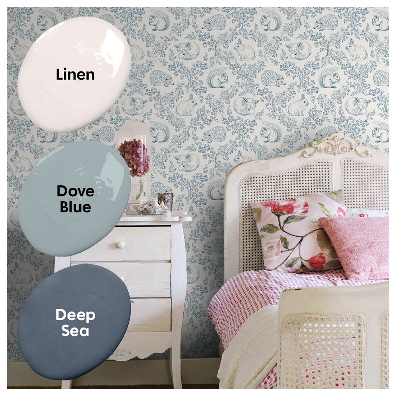 Metsäeläintapetti ja kolme yhteensopivaa väriä.