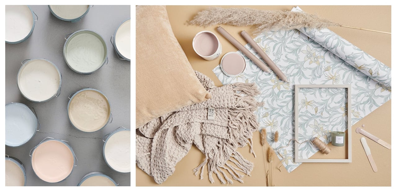 Malingsspann i ulike farger. En moodboard med pledd, pute, tapet, malingsspann og bilderamme – alt i beige.