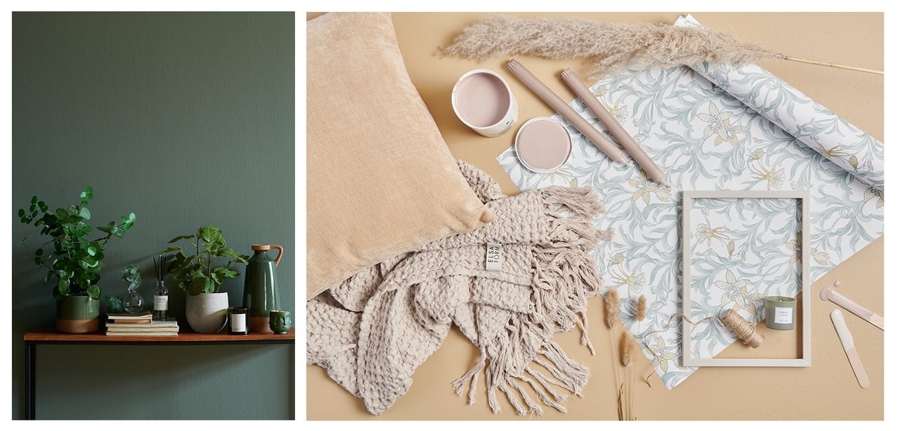 Kaksi inspiroivaa asetelmaa, joissa on kasveja, tekstiilejä ja tapetteja luonnonläheisissä ja hillityissä sävyissä.