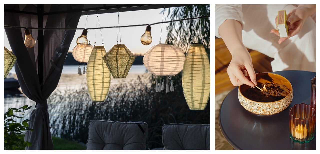 Til venstre en uteplass ved vannet i skumringen, pyntet med rislamper og lysslynger. Til høyre en person som tenner et lys.