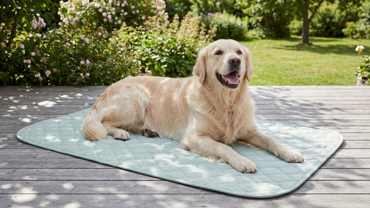 Golden retriever hviler på en kjølematte på en treterrasse.