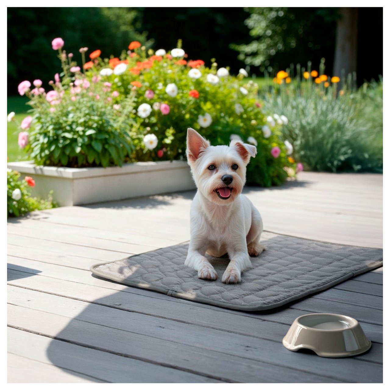 Ein kleiner Hund liegt auf einer Terrasse auf einer Kühlmatte im Schatten mit einer Wasserschale.