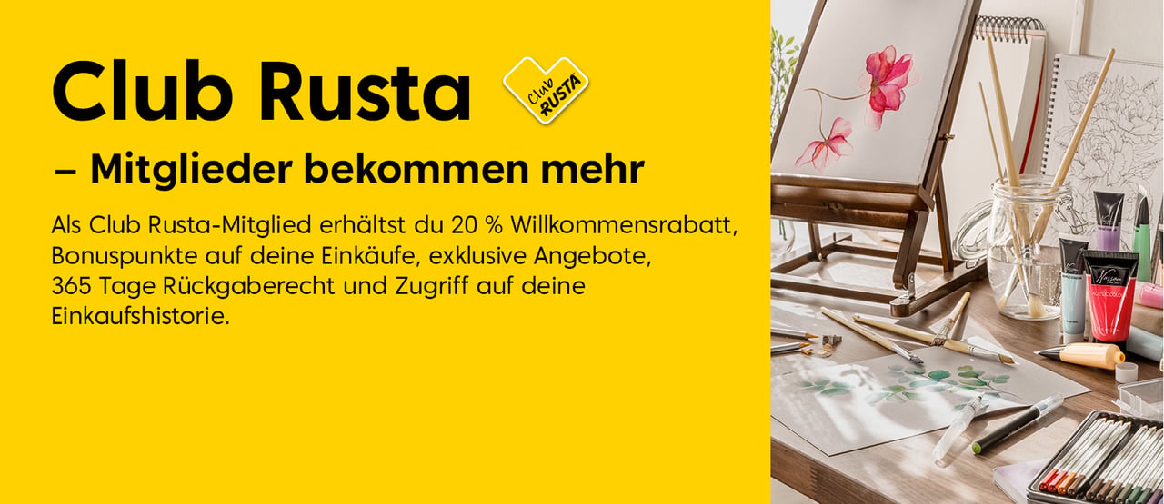 Club Rusta-Mitglieder erhalten 20 % Willkommensrabatt, Bonuspunkte, exklusive Angebote und 365 Tage Rückgaberecht.