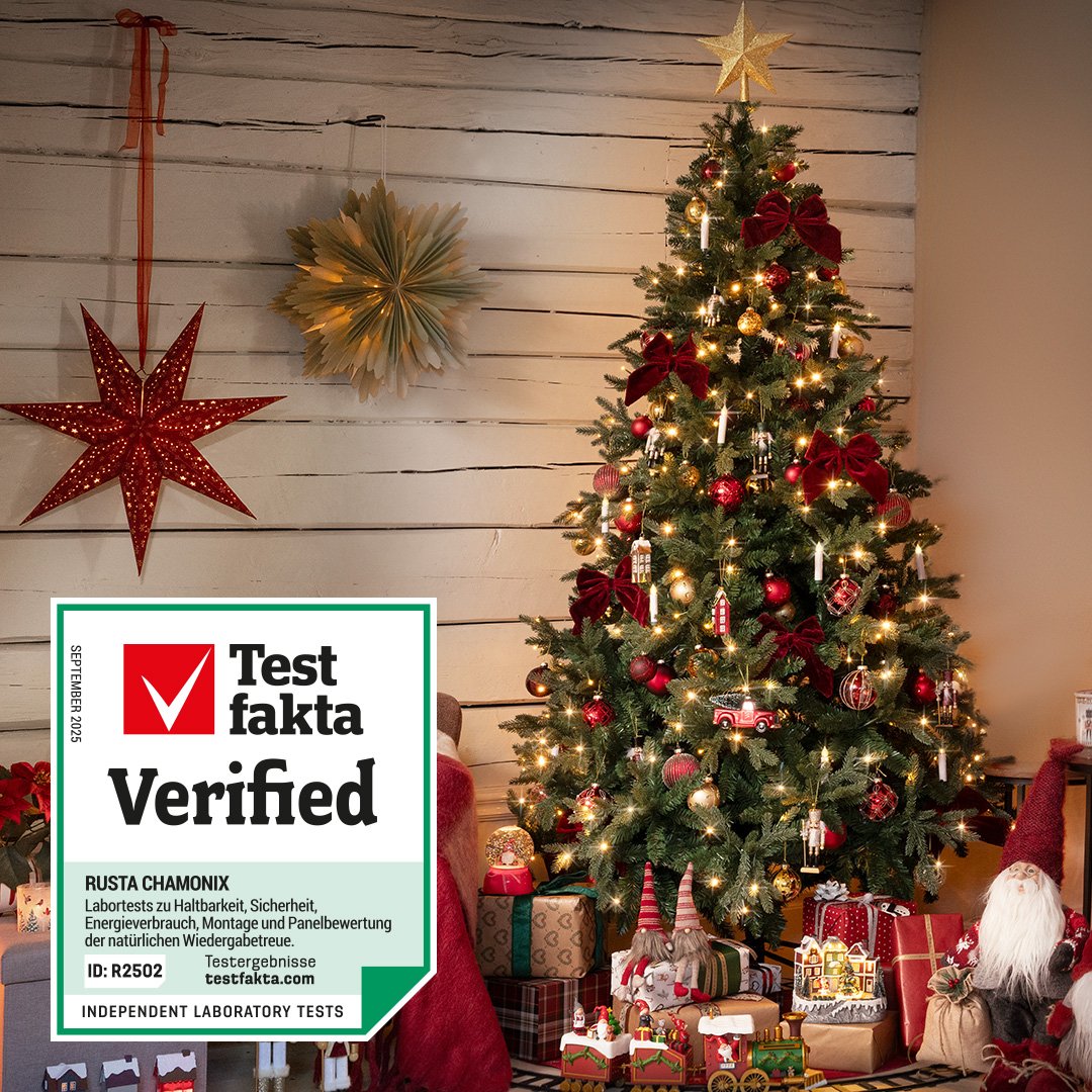 Weihnachtsbaum Chamonix von Rusta, mit dem Testfakta Verified-Logo.