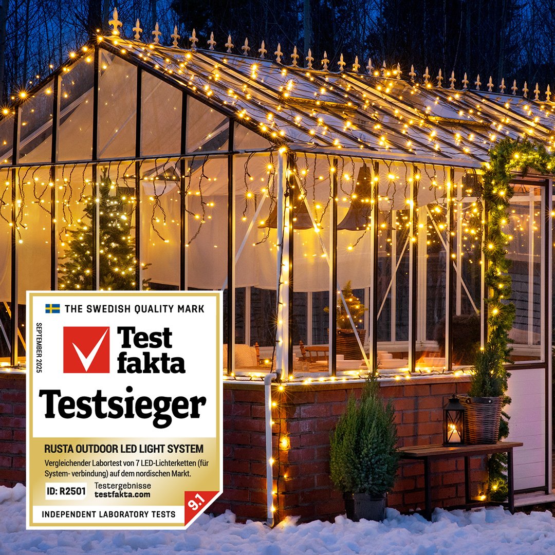 Gewächshaus mit Außenbeleuchtung in winterlicher Gartenumgebung am Abend, mit Testfakta-Logo.