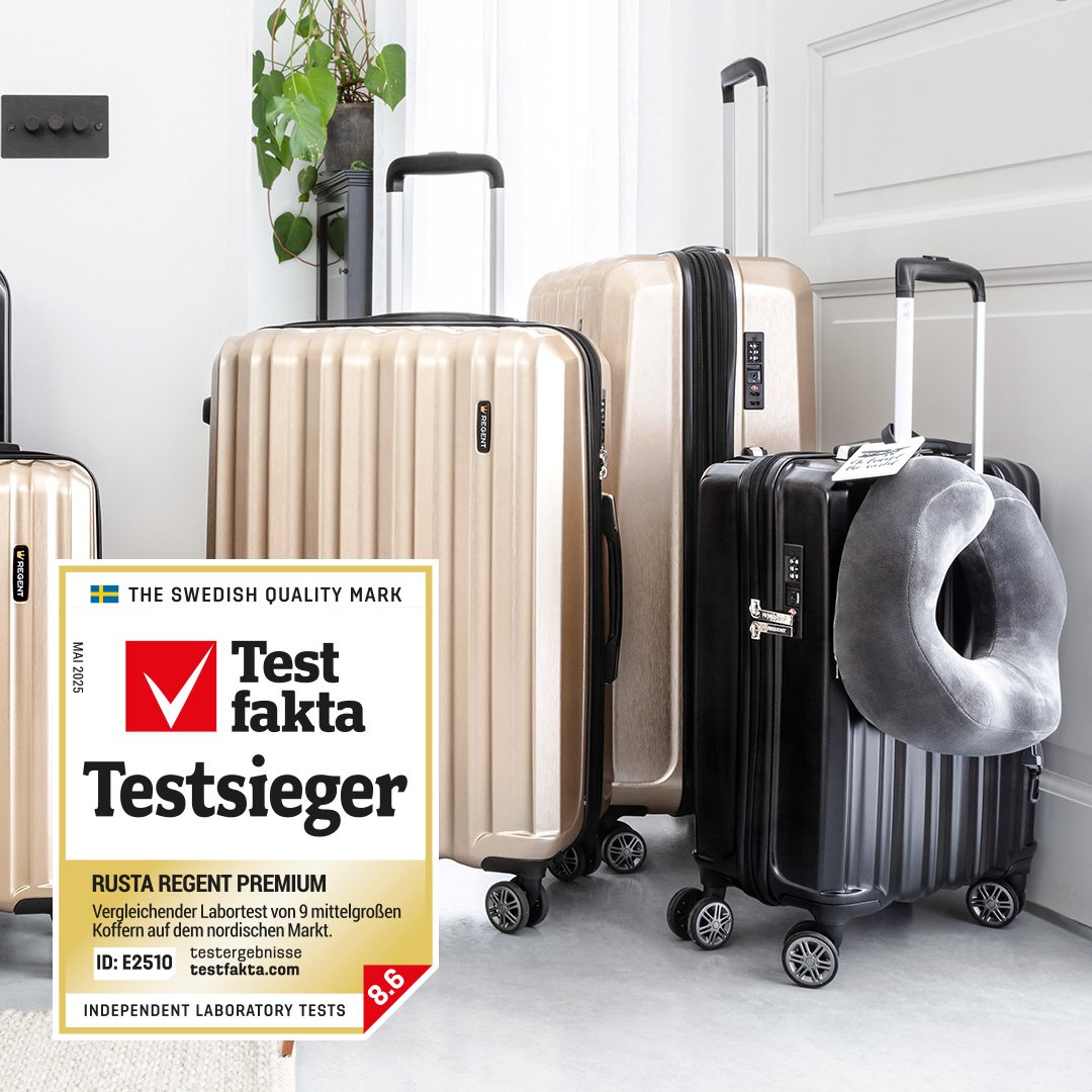 Rusta Regent Premium Koffer mit Testfakta "Testsieger"-Logo.