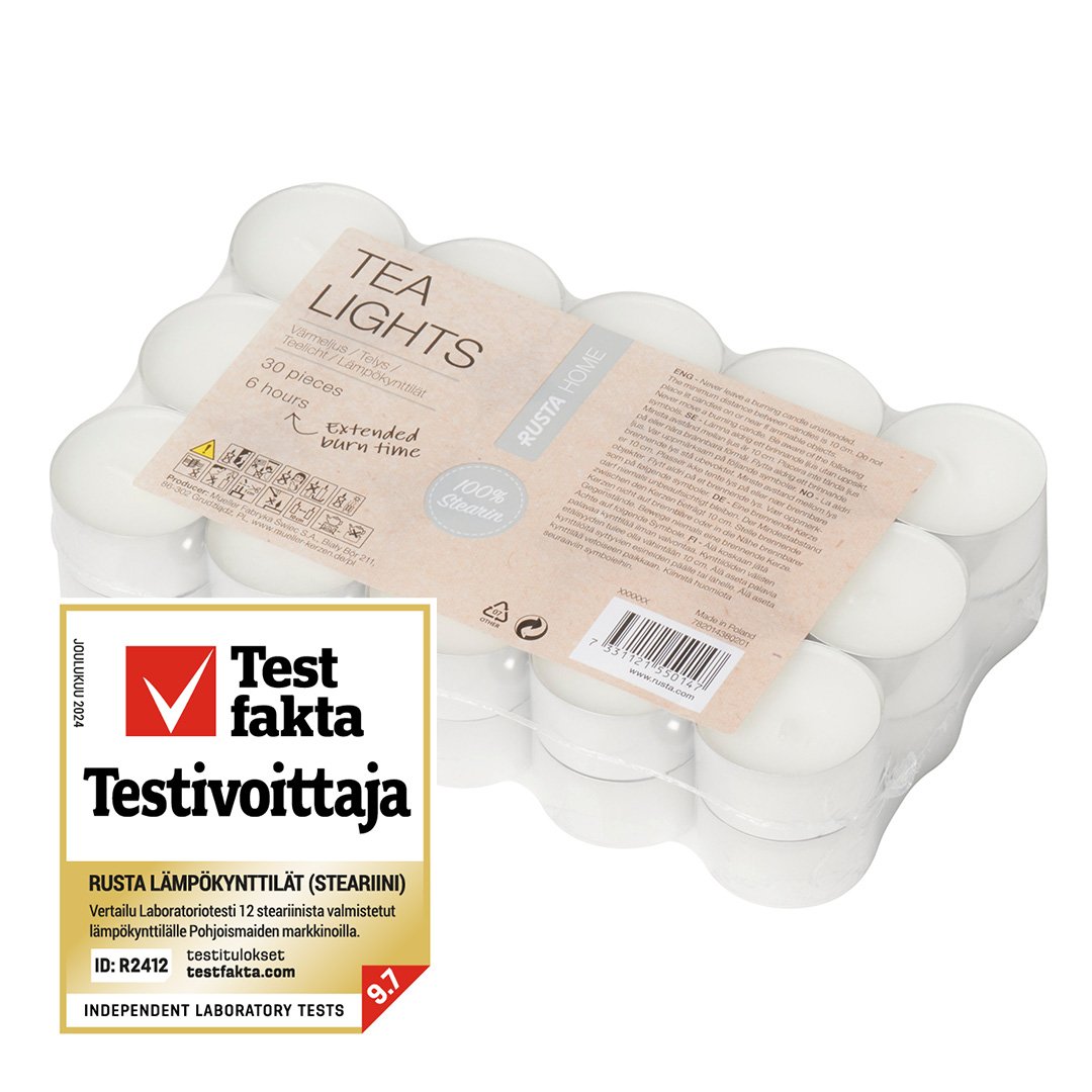 Tuikkukynttilöitä, joissa on Testfaktan "Bäst i test" -logo.