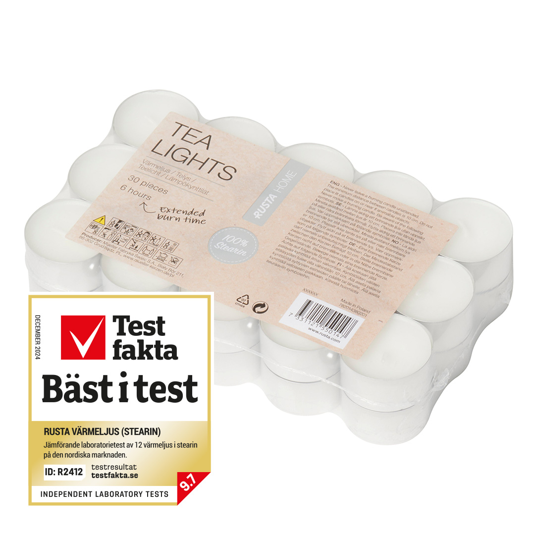 Värmeljus med Testfakta "Bäst i test"-logga.