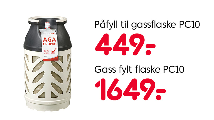 Påfyll till gassflaske PC10, 449 nok. Gass fylt flaske, 1649 nok.
