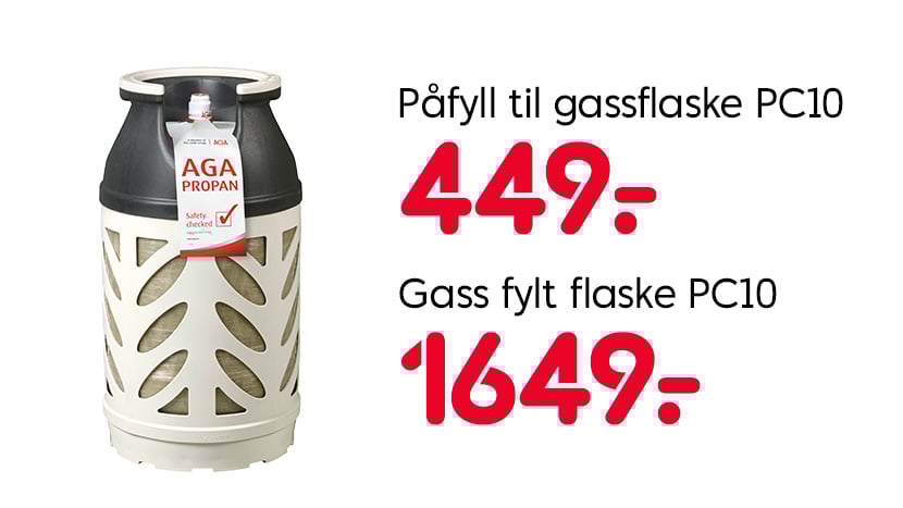 Påfyll till gassflaske PC10, 449 nok. Gass fylt flaske, 1649 nok.