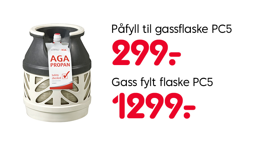 Påfyll til gassflaske PC5, 299 nok. Gass fylt flaske PC5, 1299 nok.