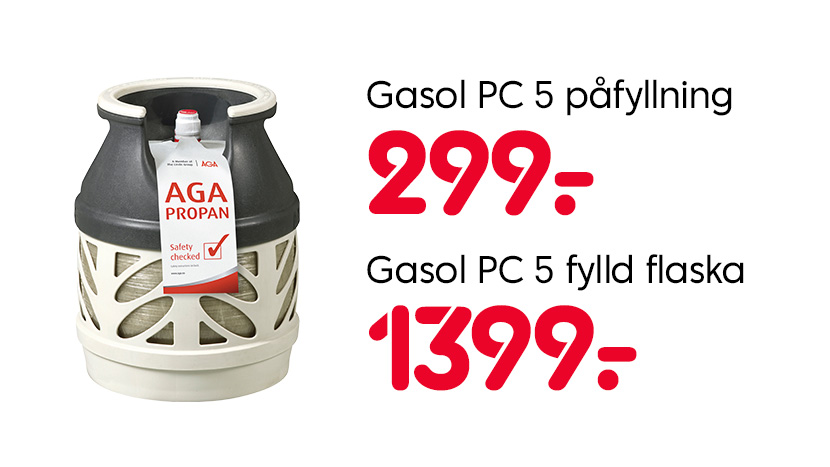 Gasol PC5 påfyllning, 299kr. Gasol PC5 fylld flaska, 1399kr.