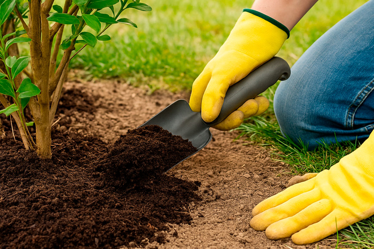 Kompostin levittäminen pensaiden juurille puutarhassa
