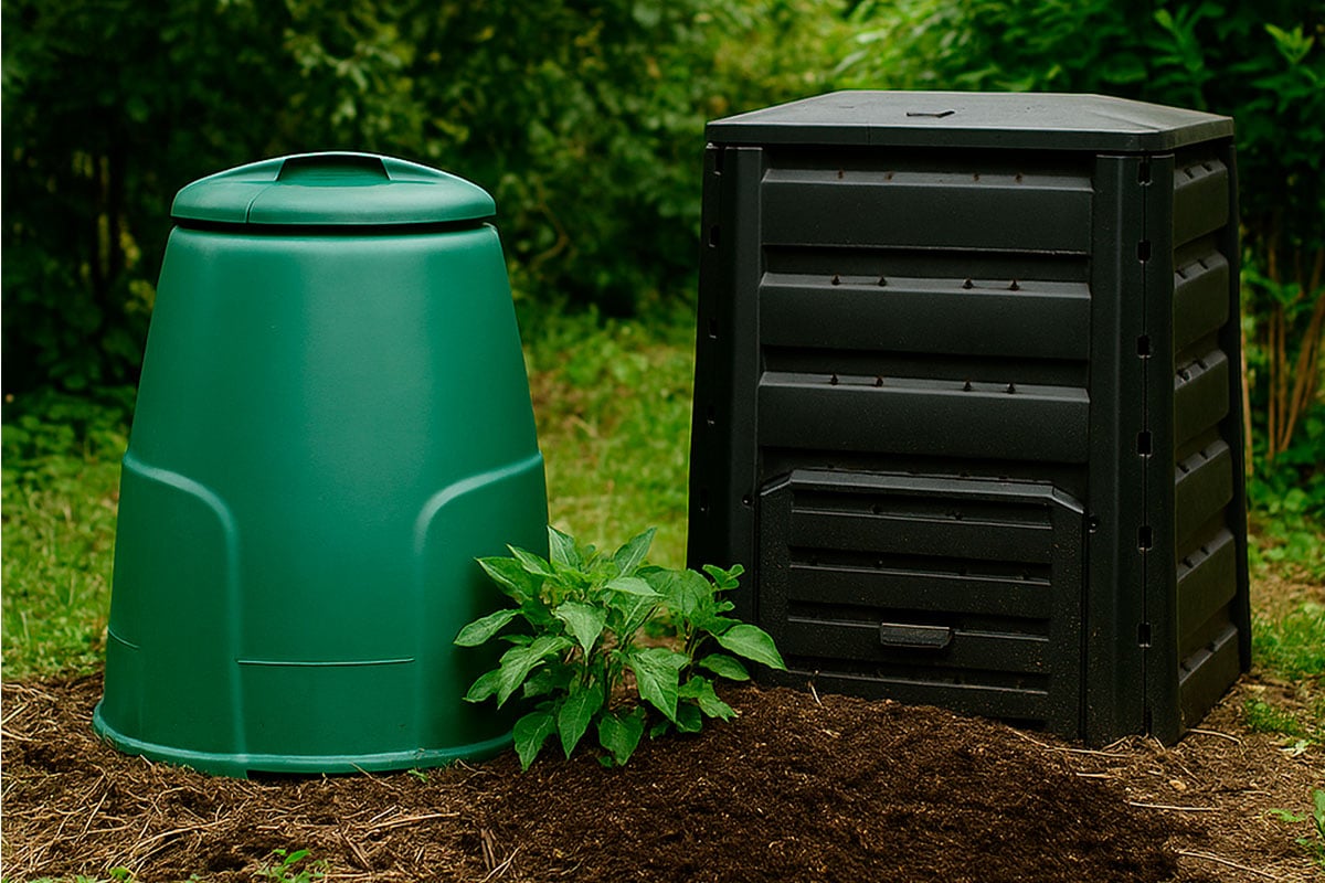 Puutarhakompostori ja lämpökompostori vierekkäin puutarhassa