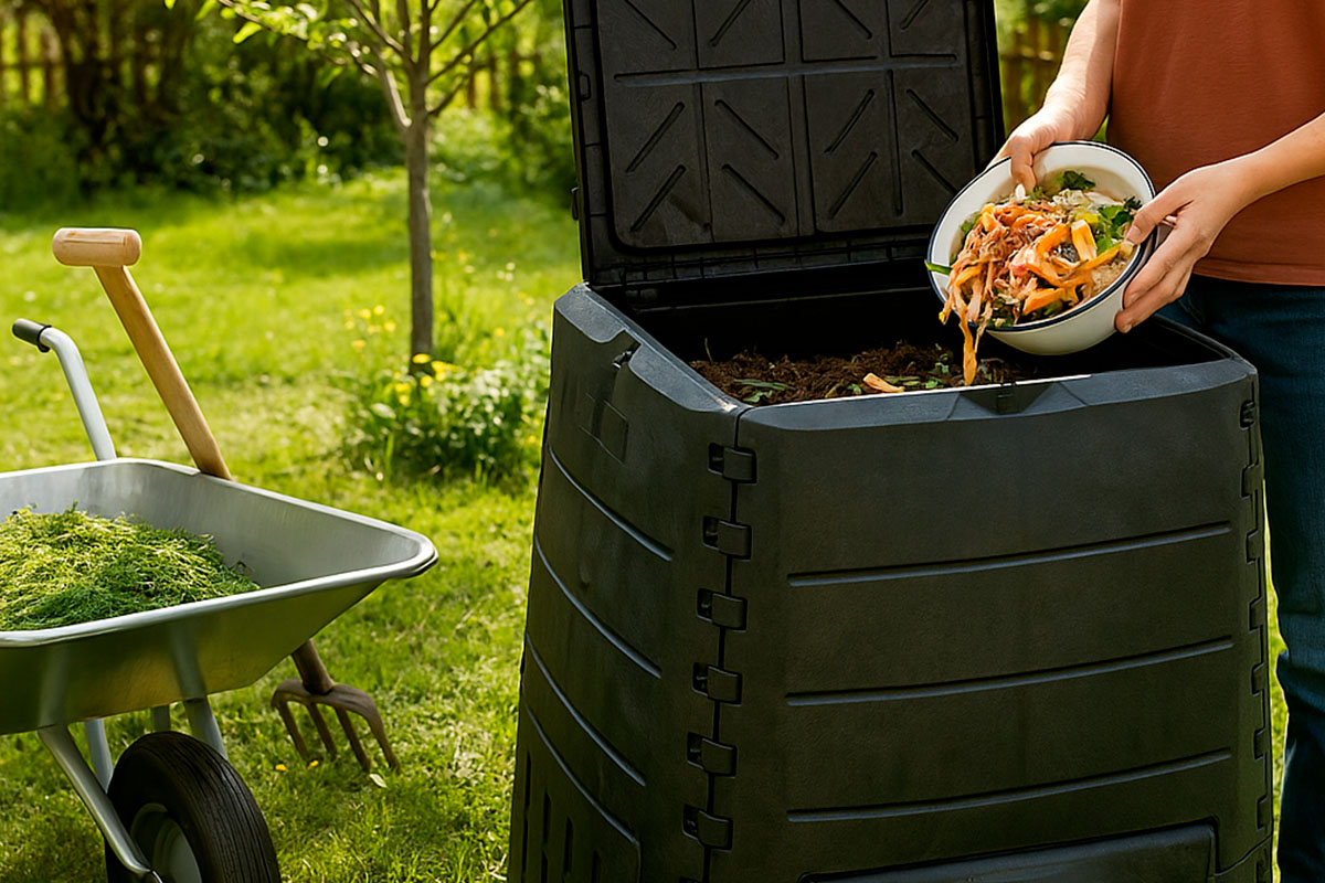 Komposti-astia ja kasvi symbolina kompostoitavalle jätteelle